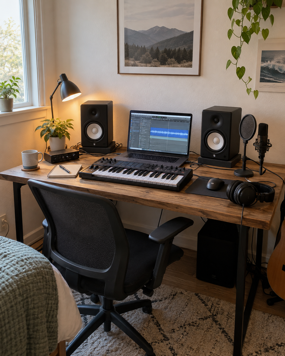 Natural home producer studio with a laptop, studio monitors, MIDI keyboard and headphones